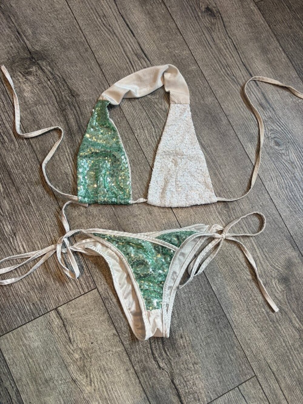 Teal and White Sequins Two-Piece Bikini Swimsuit Medium Women's Cheeky